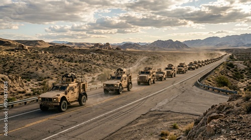 Military Convoy Advances Through Desert Landscape – War Zone Operation & Vehicle Deployment