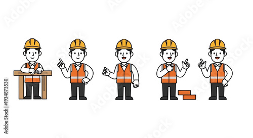 Construction Worker Illustration Set in Various Poses.