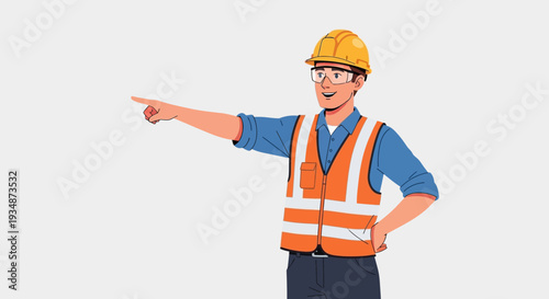 Construction Worker in Safety Vest Pointing.