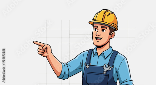 Construction Worker Pointing Direction Wearing Hardhat 1.