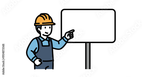 Construction Worker Pointing to Blank Sign.