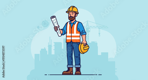 Construction Worker Standing with Plans and Helmet.
