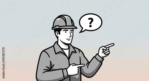 Man in Hard Hat Pointing with Question Mark.