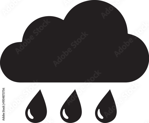 Simple black cloud with raindrops on white background icon