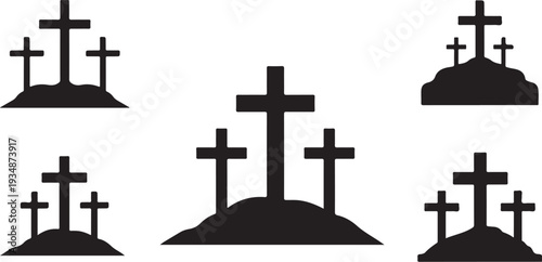 Black silhouettes of crosses on hills and graves