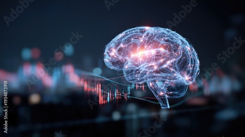 Conceptual illustration of a glowing brain and stock market data