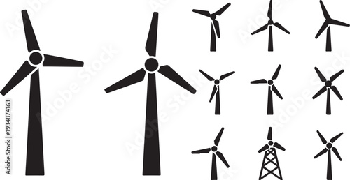 Wind Turbines and Power Transmission Tower Silhouette Vector Graphics