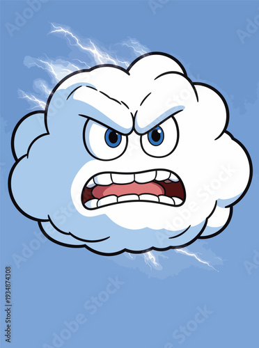 A cloud character shows anger with furrowed brows and a frown, set against a blue sky with lightning details surrounding it.