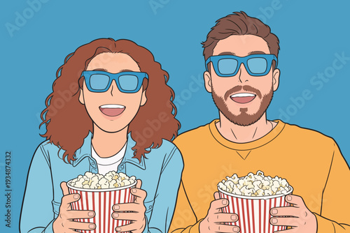 Two friends smile while holding large popcorn buckets. They wear sunglasses and appear to have a great time together.
