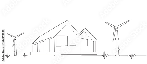 Wind energy in continuous line drawing style. Landscape with electricity-generating wind turbines, power lines, and abstract household consumers. Vector black linear design.