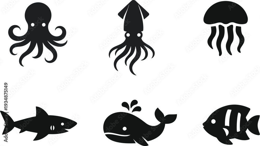 Fototapeta premium Black silhouettes of marine life