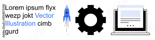 Innovation, technology, workflow, startup strategy, system operation, data management. Small rocket, gear and laptop elements illustrated. Innovation and technology in system processes concept
