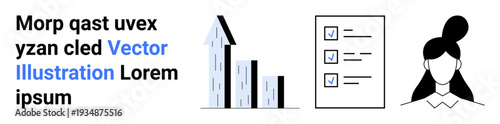 Business strategy, productivity, goal setting, professional planning, evaluation tasks, growth success. Upward graph, checklist woman profile graphic. Business strategy and productivity concept