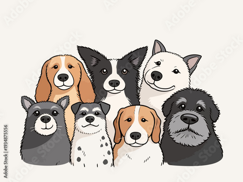 Eight cartoon dogs stand closely together. Each dog has a unique look. They all show happy expressions.