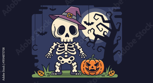 Skeleton wearing witch hat with pumpkin.