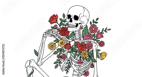 Skeleton with Flowers Embracing Knees Illustration.