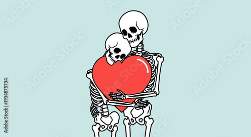 Skeletons Embracing Heart Symbolizing Eternal Love.