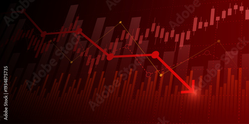 moving down arrow with line graph, bar chart in stock bear market on dark red background