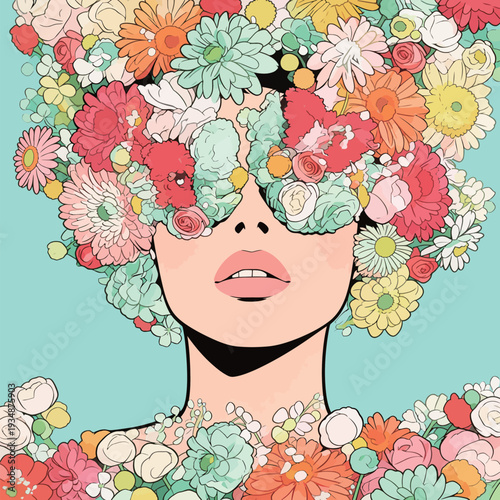 A woman has flowers covering her face. Bright colors create a lively scene. The setting looks cheerful and full of life.