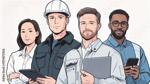 A group of four people pose for a picture, showcasing a mix of work roles and using different tools, reflecting teamwork and collaboration.