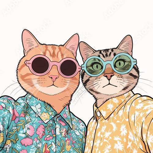 Two cats pose for a selfie wearing sunglasses and colorful shirts. They show their playful side in a light-hearted scene.