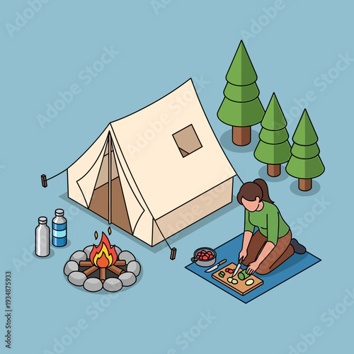 Woman cooking outdoors while camping in a serene forest setting.