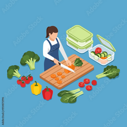 Woman preparing healthy meal with fresh vegetables.