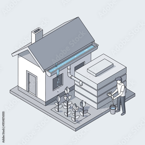 Man painting a house with a roller in a garden.