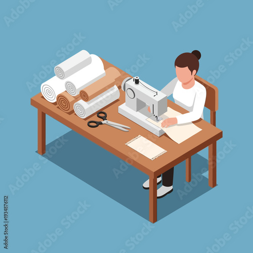 Woman working on a sewing machine at a wooden desk with fabric and scissors.