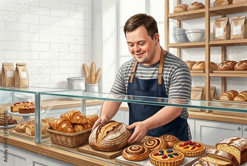 Man with Down Syndrome Working Behind Counter of Modern Bakery