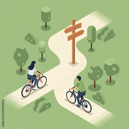Isometric illustration of two people cycling on a winding path with a signpost in a park.