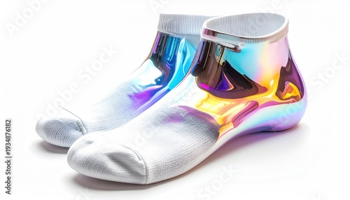 Two white socks with iridescent, metallic, shiny, colorful, reflective, mirrored top portions