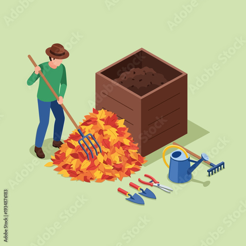 Gardener raking autumn leaves into a compost bin with gardening tools.