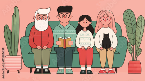 A family of four sits together on a green couch. One person reads a book while others relax. Plants add life to the scene.