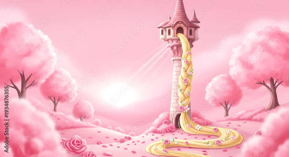 Obraz premium Enchanted Pink Castle Tower with Cherry Blossoms