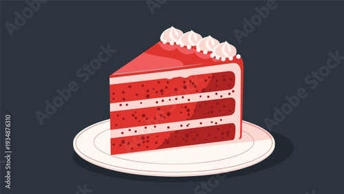 Delicious slice of red velvet layer cake with white cream frosting on a plate against a dark grey background for a gourmet dessert theme.