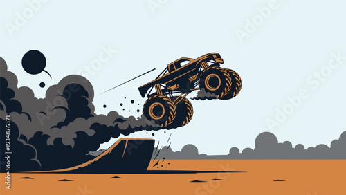 Powerful monster truck with massive tires performing a high jump over a dirt ramp with thick dark smoke in the air during a stunt show.