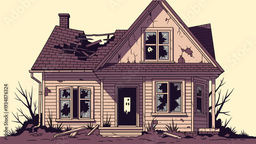 Spooky abandoned house with broken windows, a damaged roof, and ghostly figures peeking out from the doors and windows at a haunted site.
