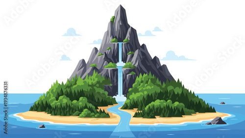 Beautiful tropical island with a steep mountain peak, lush green forests, and a waterfall cascading into the ocean on a sunny day.