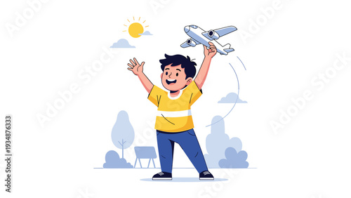 Happy young boy playing with a toy airplane outdoors under a bright yellow sun and blue sky with fluffy white clouds in the background.