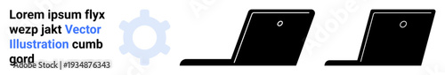 Technology, innovation, business, education, digital design, workflow. Two laptops displayed with a gear icon. Technology and innovation concepts with focus on development and usability