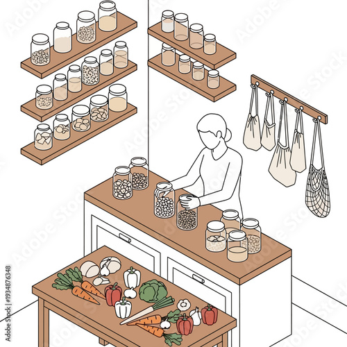 Woman preparing food in a modern kitchen with jars and utensils.