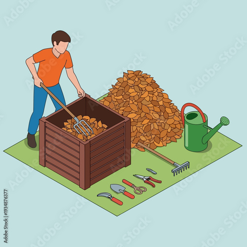 Man gardening with leaves and gardening tools.