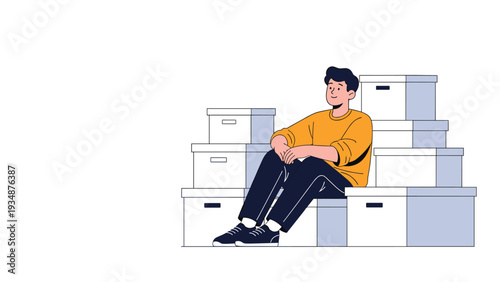 Young man sits comfortably on a stack of moving boxes and looks away thoughtfully with a calm and relaxed facial expression.