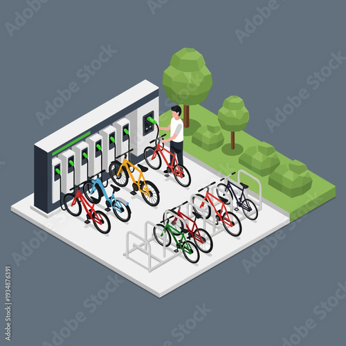 Person standing near bicycle rental or storage facility outdoors.