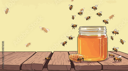 Bees are flying around a jar filled with honey on a wooden table. A piece of honeycomb is placed next to the jar.