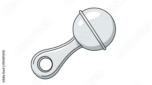 Simple silver or white baby rattle toy with a round bell and a ring handle is a classic symbol of early childhood and play.