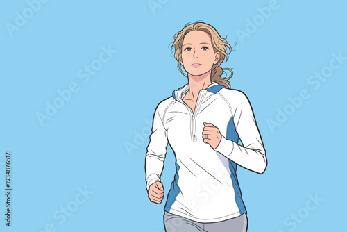 A woman jogs in light workout clothes against a blue background. She is focused on her run and appears energetic.