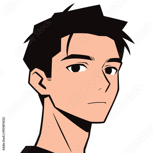 A young male character stands facing the viewer. He has short dark hair and a serious look on his face. The design is simple and clean.