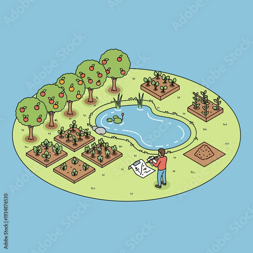 Person gardening near a pond with ducks in a serene garden setting.